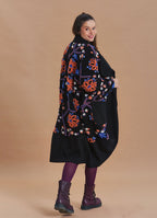 Black Floral Patterned Long Cardigan with Pockets
