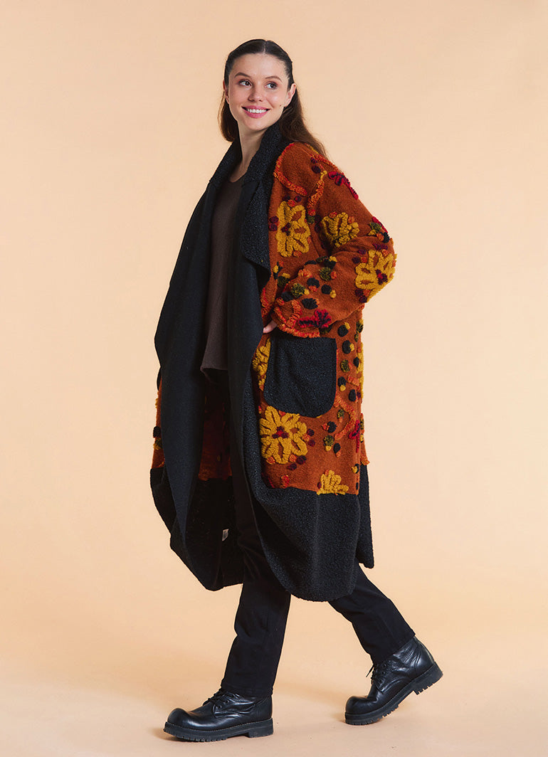 Orange Floral Patterned Long Cardigan with Pockets