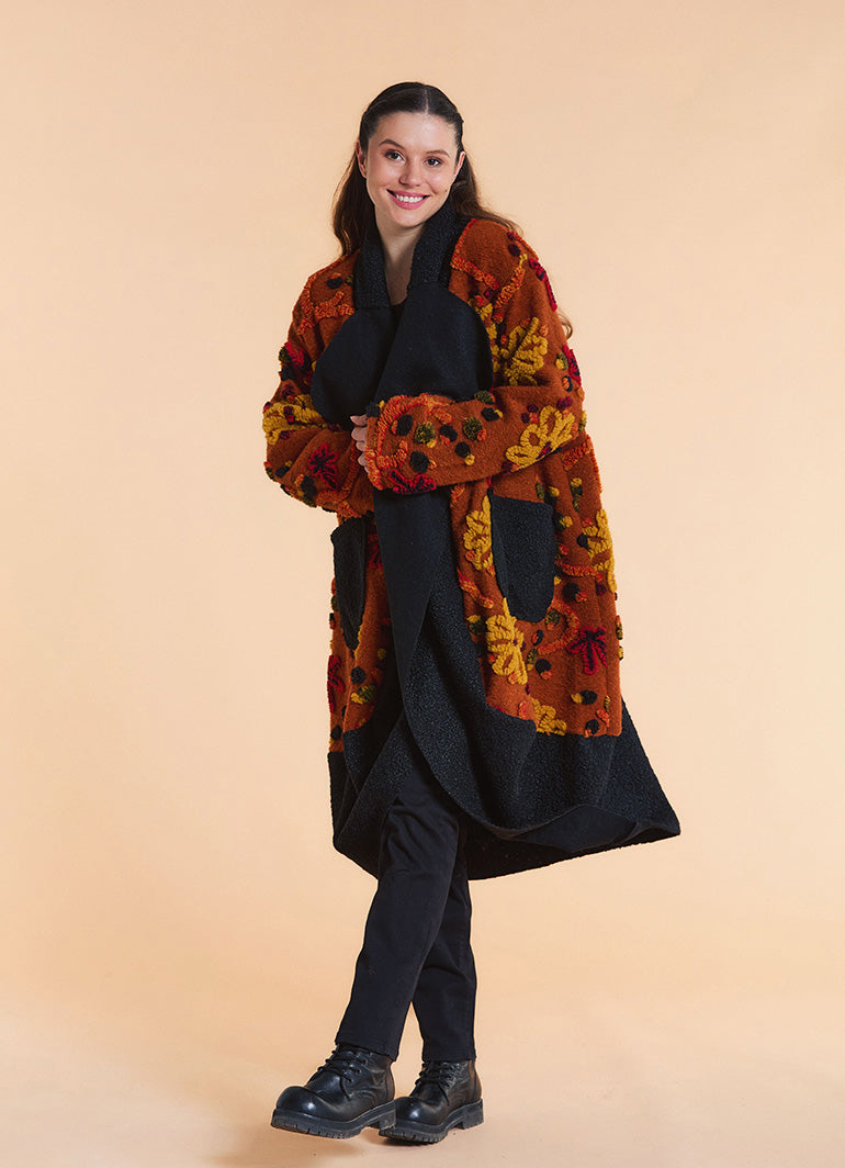 Orange Floral Patterned Long Cardigan with Pockets