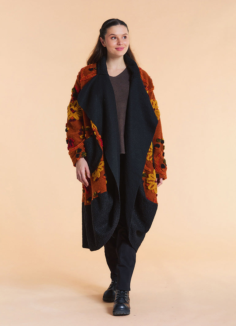 Orange Floral Patterned Long Cardigan with Pockets
