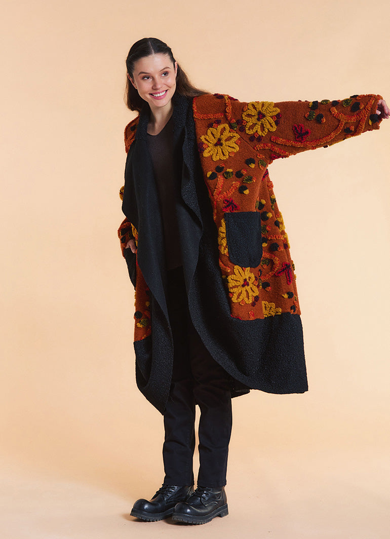 Orange Floral Patterned Long Cardigan with Pockets