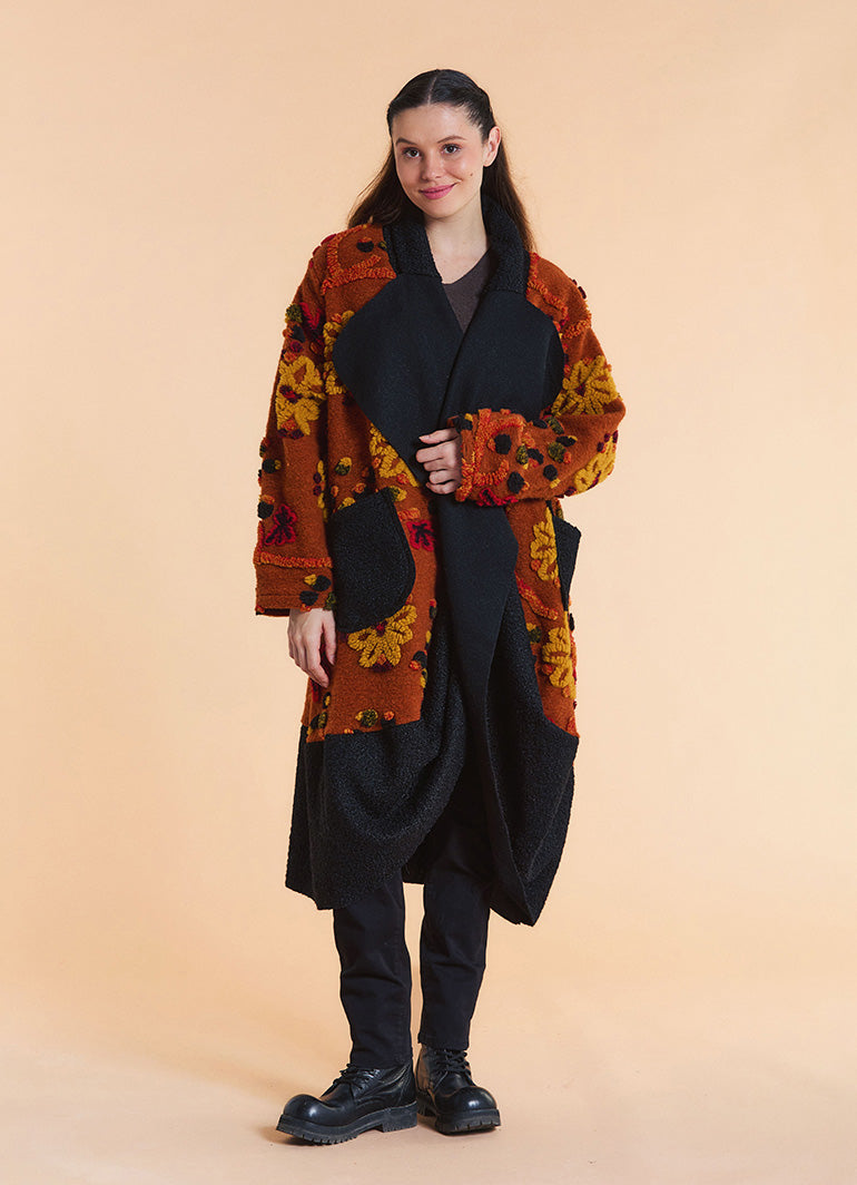 Orange Floral Patterned Long Cardigan with Pockets