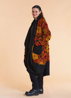 Orange Floral Patterned Long Cardigan with Pockets