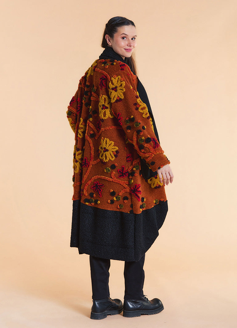 Orange Floral Patterned Long Cardigan with Pockets