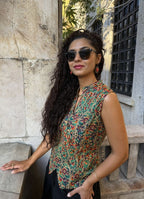 Mandarin Collar Cross Buttoned Green Floral Blouse