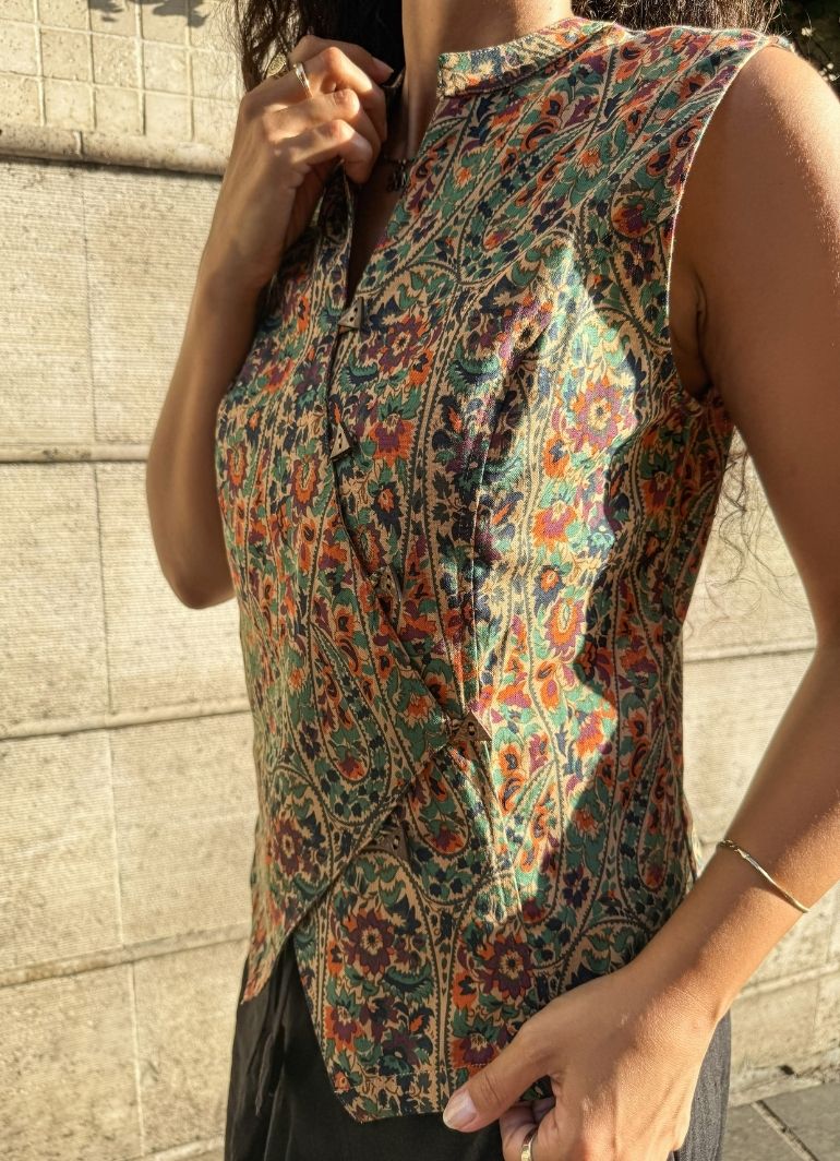 Mandarin Collar Cross Buttoned Green Floral Blouse