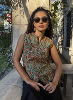 Mandarin Collar Cross Buttoned Green Floral Blouse