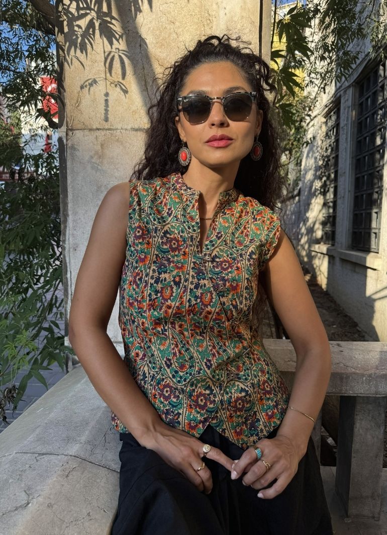 Mandarin Collar Cross Buttoned Green Floral Blouse