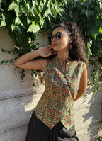 Mandarin Collar Cross Buttoned Green Floral Blouse