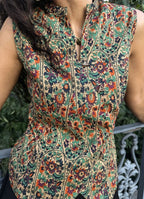Mandarin Collar Cross Buttoned Green Floral Blouse