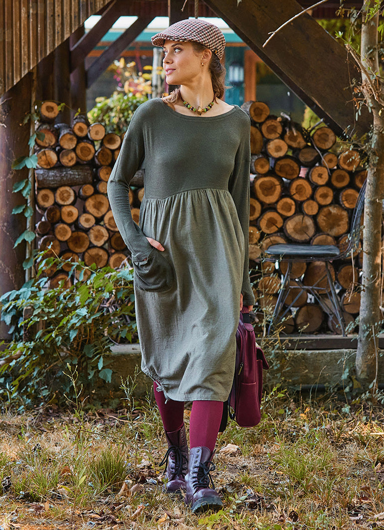 Crew Neck Pocket Finger Strap Khaki Winter Dress 4736