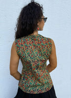 Mandarin Collar Cross Buttoned Green Floral Blouse