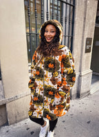 Boho Style Beige Floral Patterned Hooded Coat