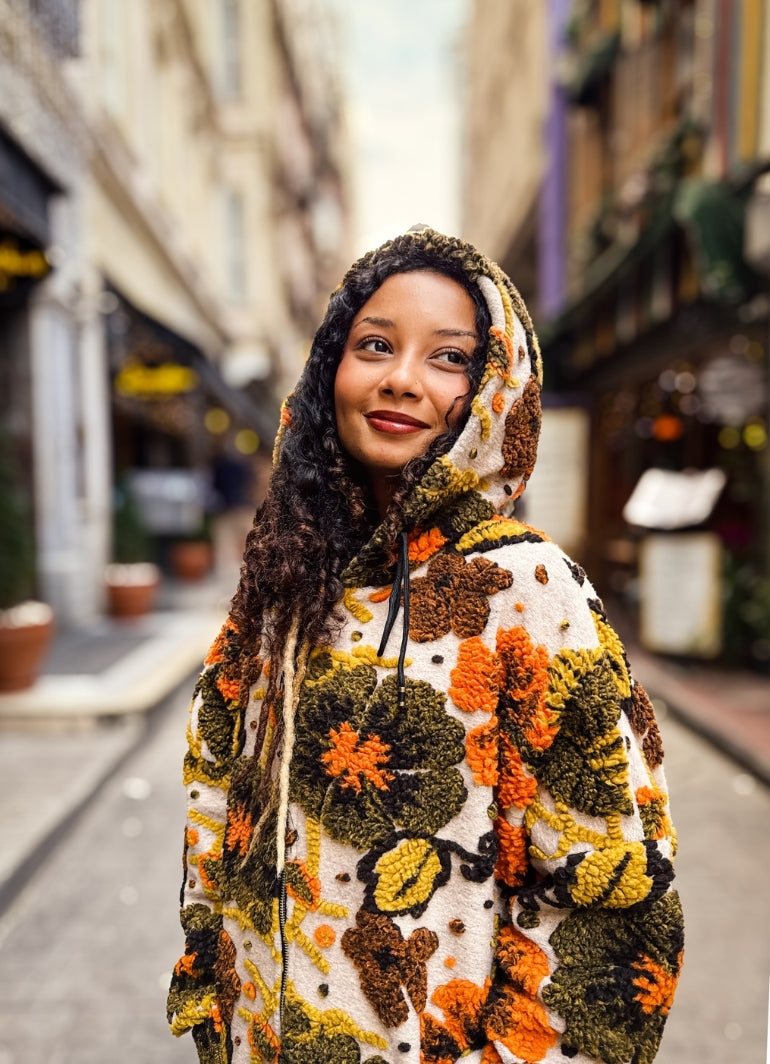 Boho Style Beige Floral Patterned Hooded Coat