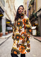 Boho Style Beige Floral Patterned Hooded Coat