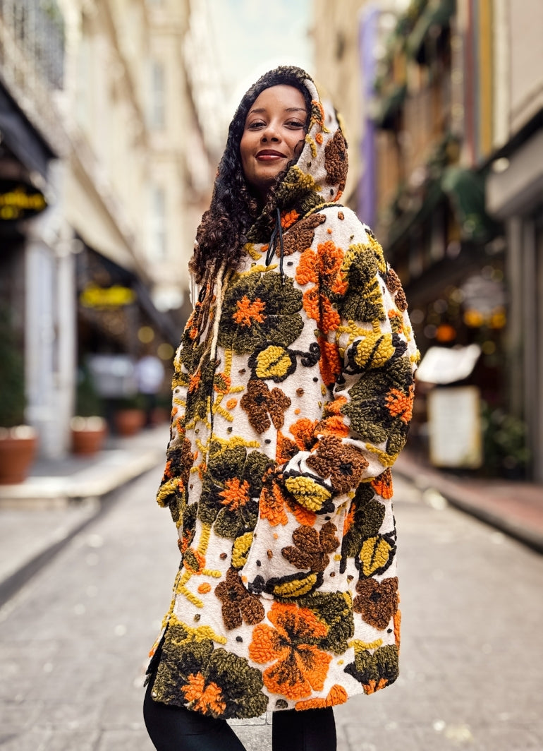 Boho Style Beige Floral Patterned Hooded Coat