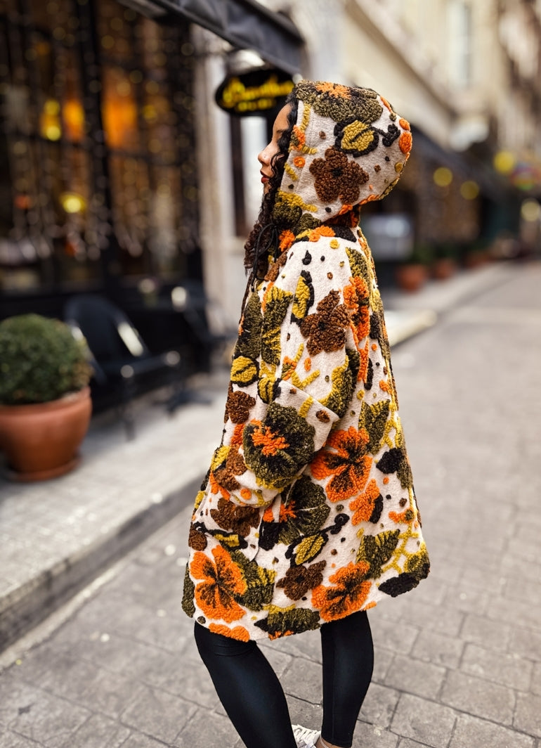 Boho Style Beige Floral Patterned Hooded Coat