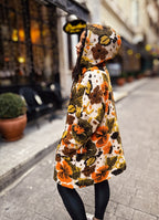 Boho Style Beige Floral Patterned Hooded Coat