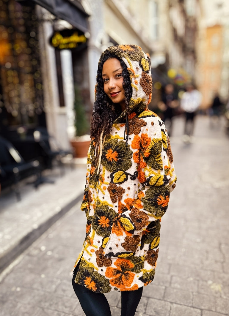 Boho Style Beige Floral Patterned Hooded Coat
