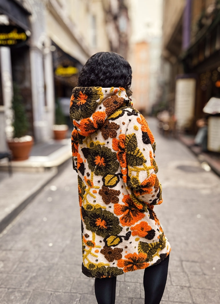 Boho Style Beige Floral Patterned Hooded Coat