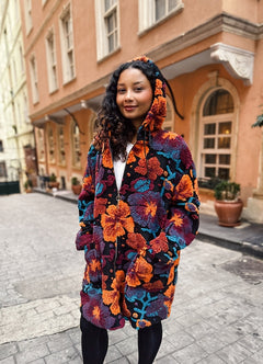 Boho Style Orange Floral Patterned Hooded Coat