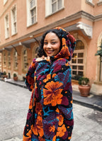 Boho Style Orange Floral Patterned Hooded Coat