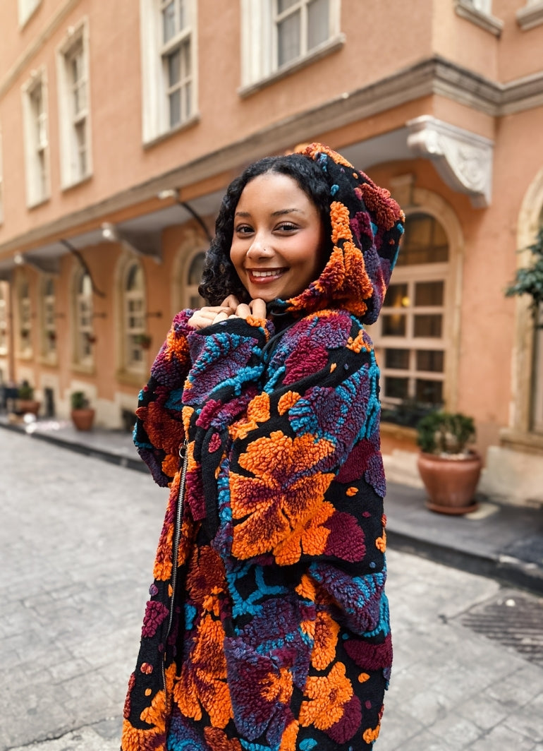 Boho Style Orange Floral Patterned Hooded Coat