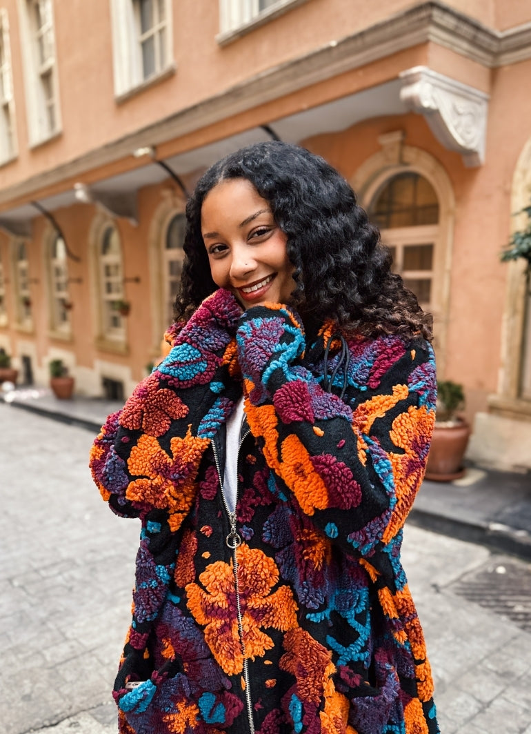 Boho Style Orange Floral Patterned Hooded Coat
