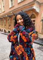 Boho Style Orange Floral Patterned Hooded Coat