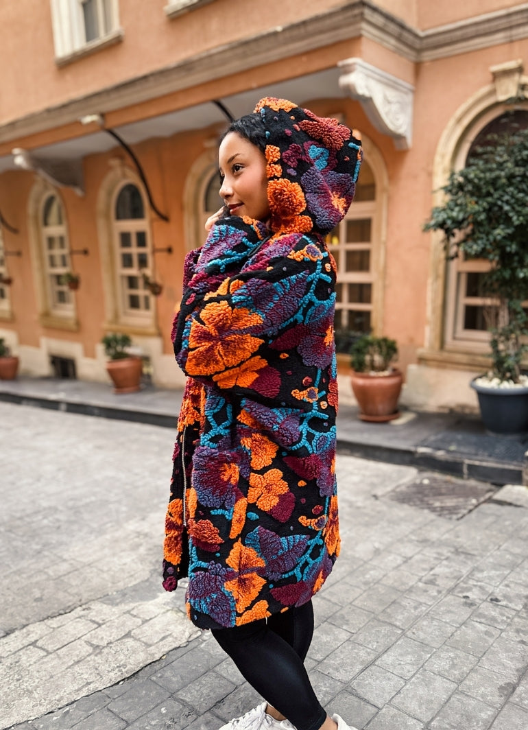 Boho Style Orange Floral Patterned Hooded Coat