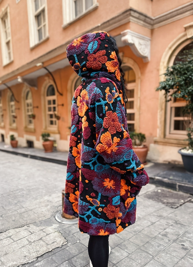 Boho Style Orange Floral Patterned Hooded Coat