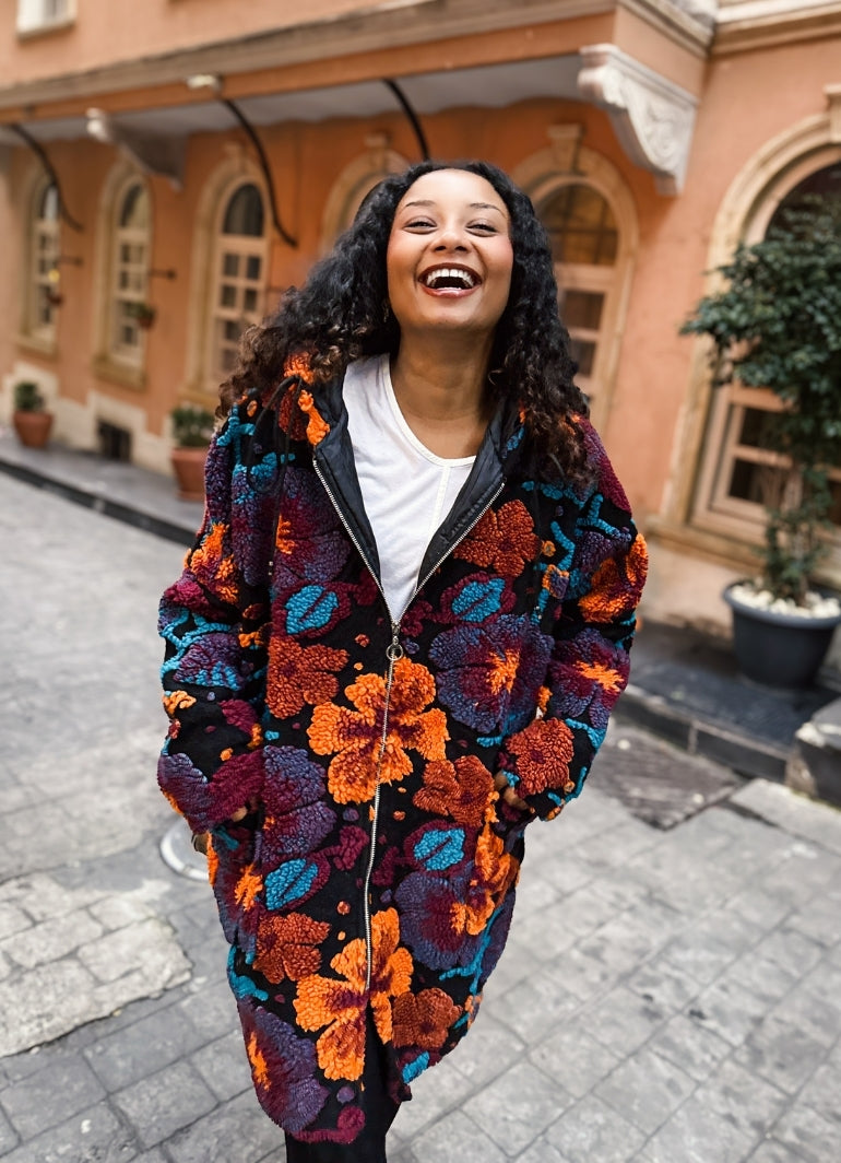 Boho Style Orange Floral Patterned Hooded Coat