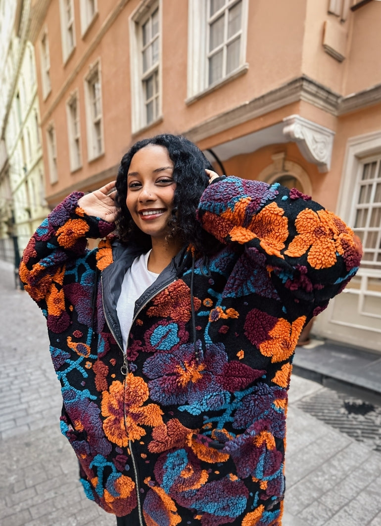 Boho Style Orange Floral Patterned Hooded Coat