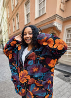 Boho Style Orange Floral Patterned Hooded Coat