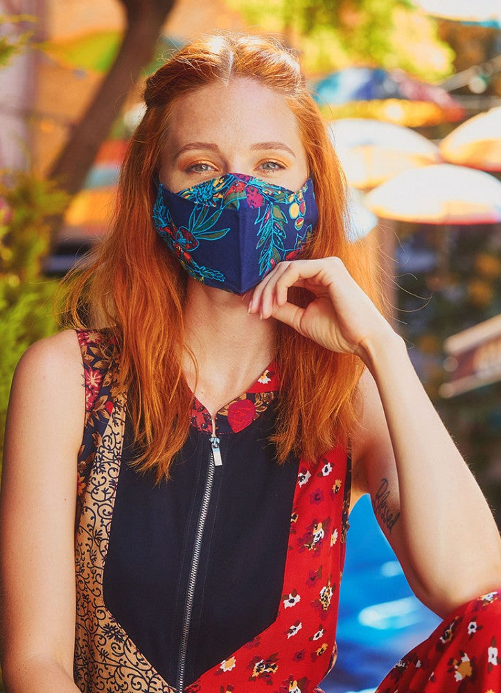 Double Layer Navy Blue Patterned Viscose Mask (3 Pieces )