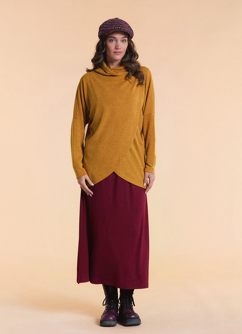 Cowl Neck Button Detail Mustard Knit Cardigan