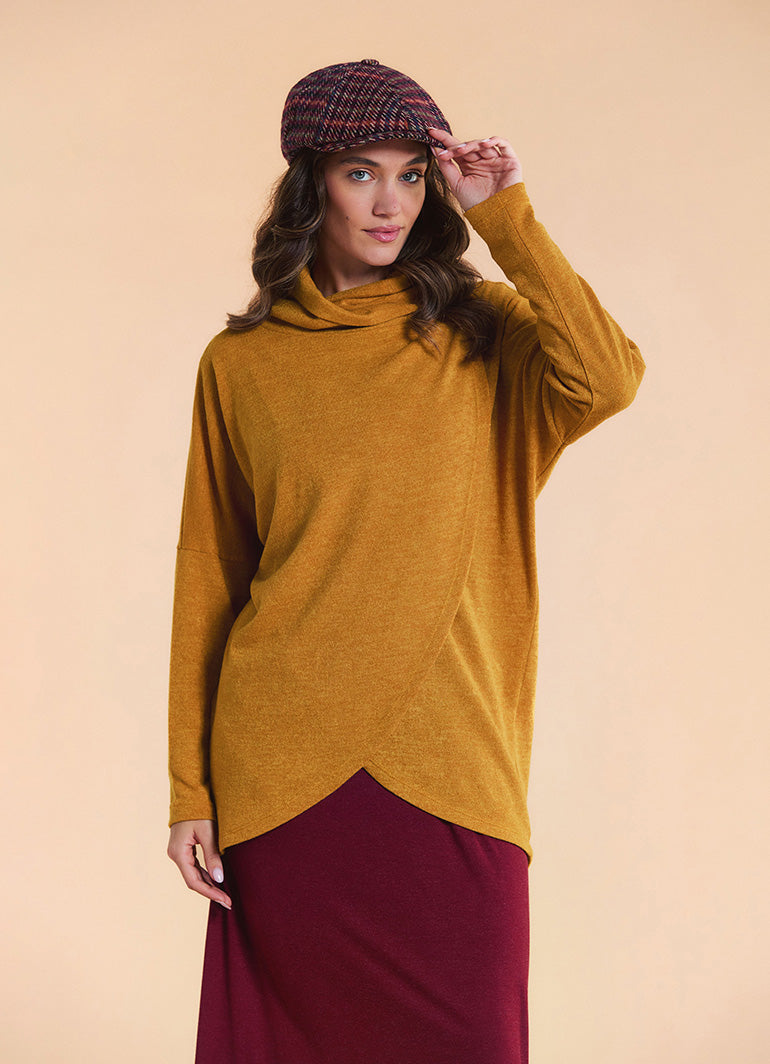 Cowl Neck Button Detail Mustard Knit Cardigan