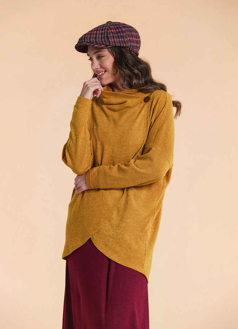 Cowl Neck Button Detail Mustard Knit Cardigan