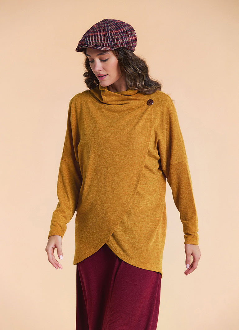 Cowl Neck Button Detail Mustard Knit Cardigan