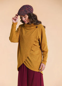 Cowl Neck Button Detail Mustard Knit Cardigan