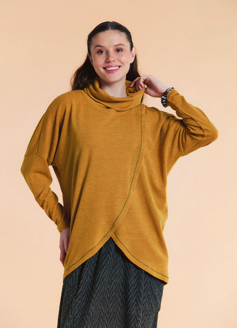 Cowl Neck Wrap Front Mustard Knit Cardigan
