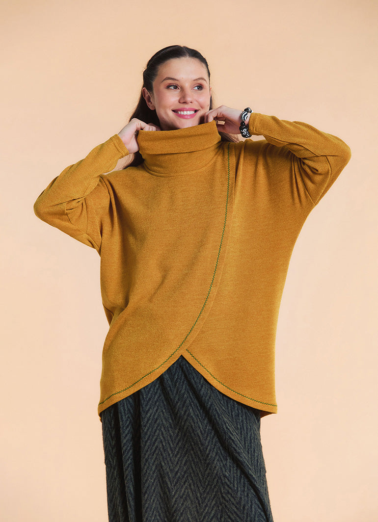 Cowl Neck Wrap Front Mustard Knit Cardigan