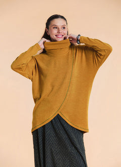 Cowl Neck Wrap Front Mustard Knit Cardigan