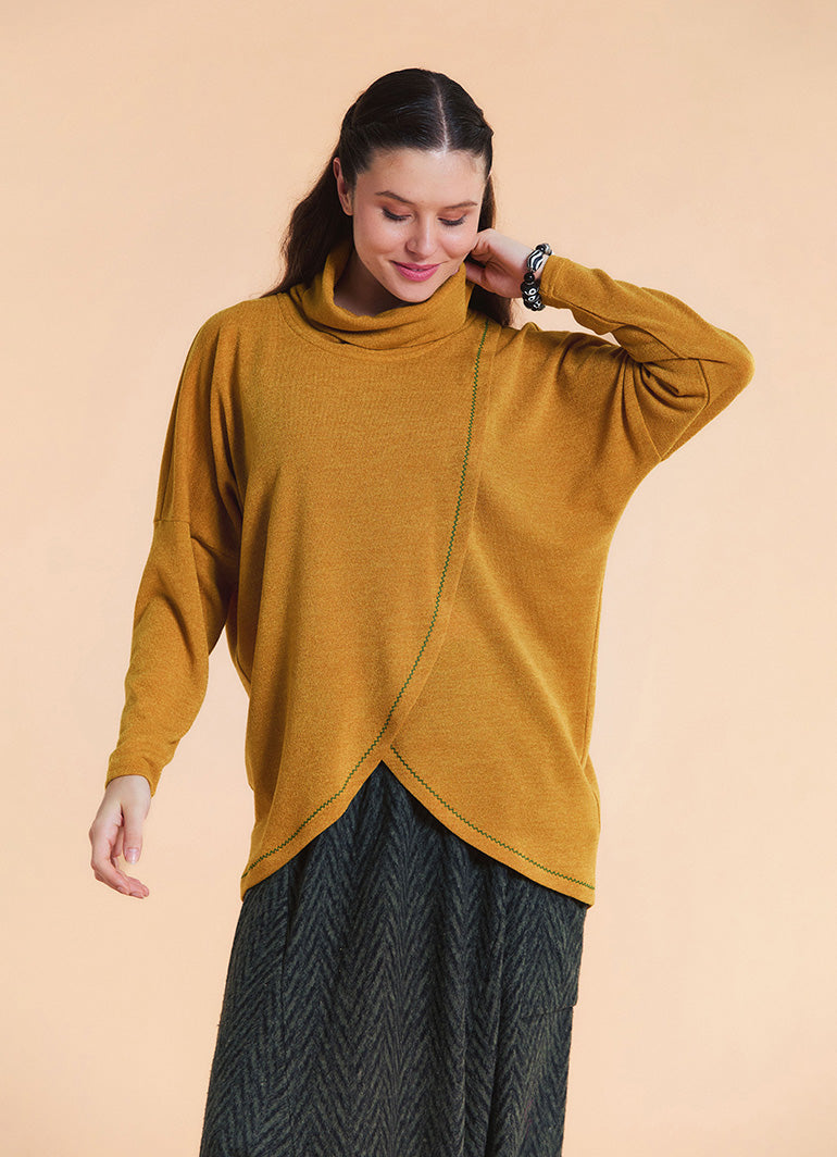 Cowl Neck Wrap Front Mustard Knit Cardigan