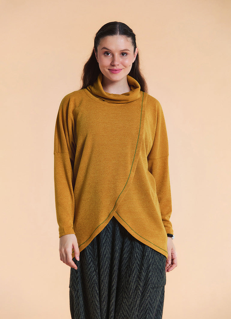 Cowl Neck Wrap Front Mustard Knit Cardigan