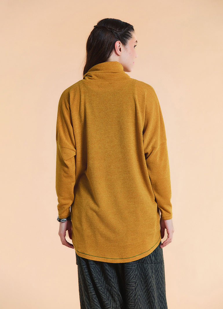 Cowl Neck Wrap Front Mustard Knit Cardigan