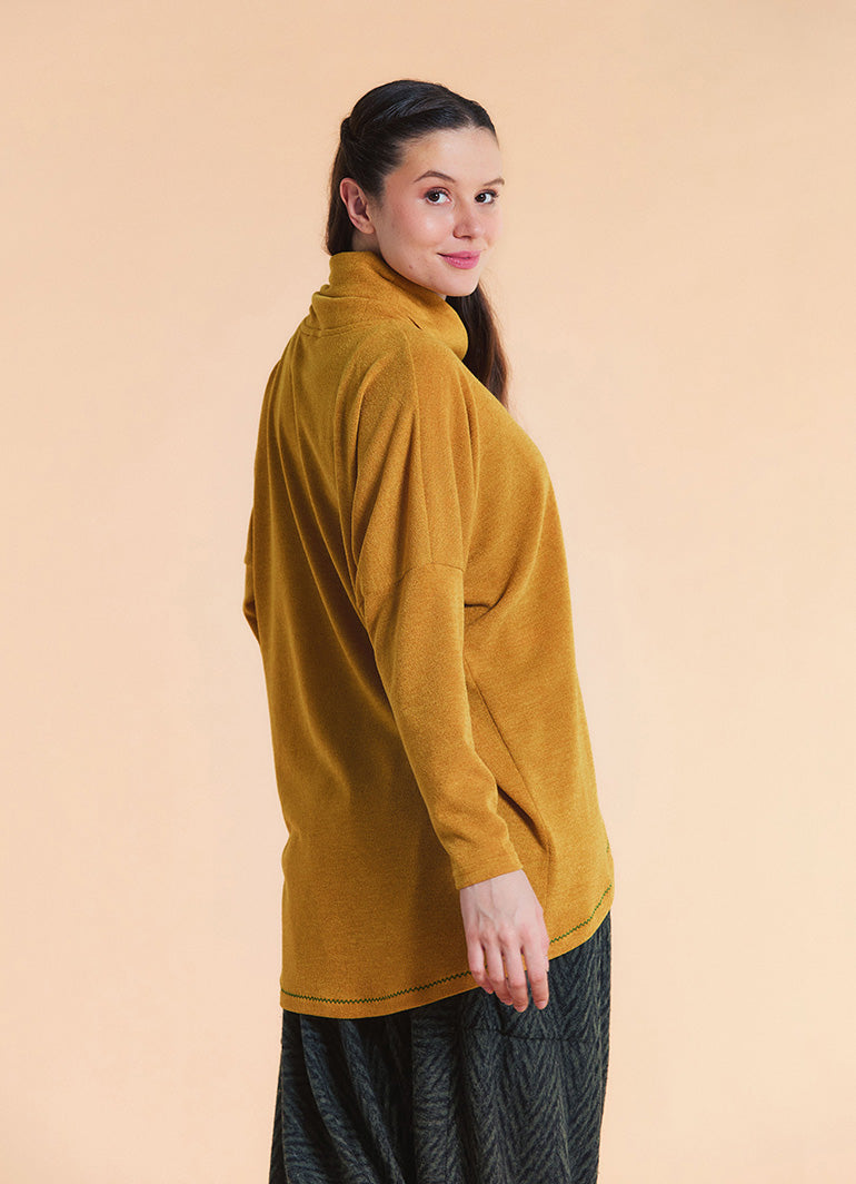 Cowl Neck Wrap Front Mustard Knit Cardigan