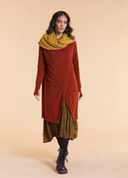 Hooded Wrap Front Thumbhole Sleeve Terracotta Long Knit Cardigan