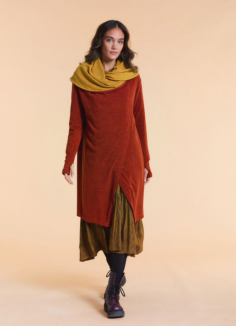 Hooded Wrap Front Thumbhole Sleeve Terracotta Long Knit Cardigan