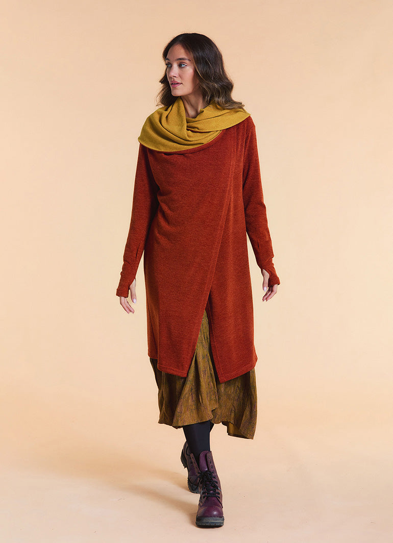 Hooded Wrap Front Thumbhole Sleeve Terracotta Long Knit Cardigan